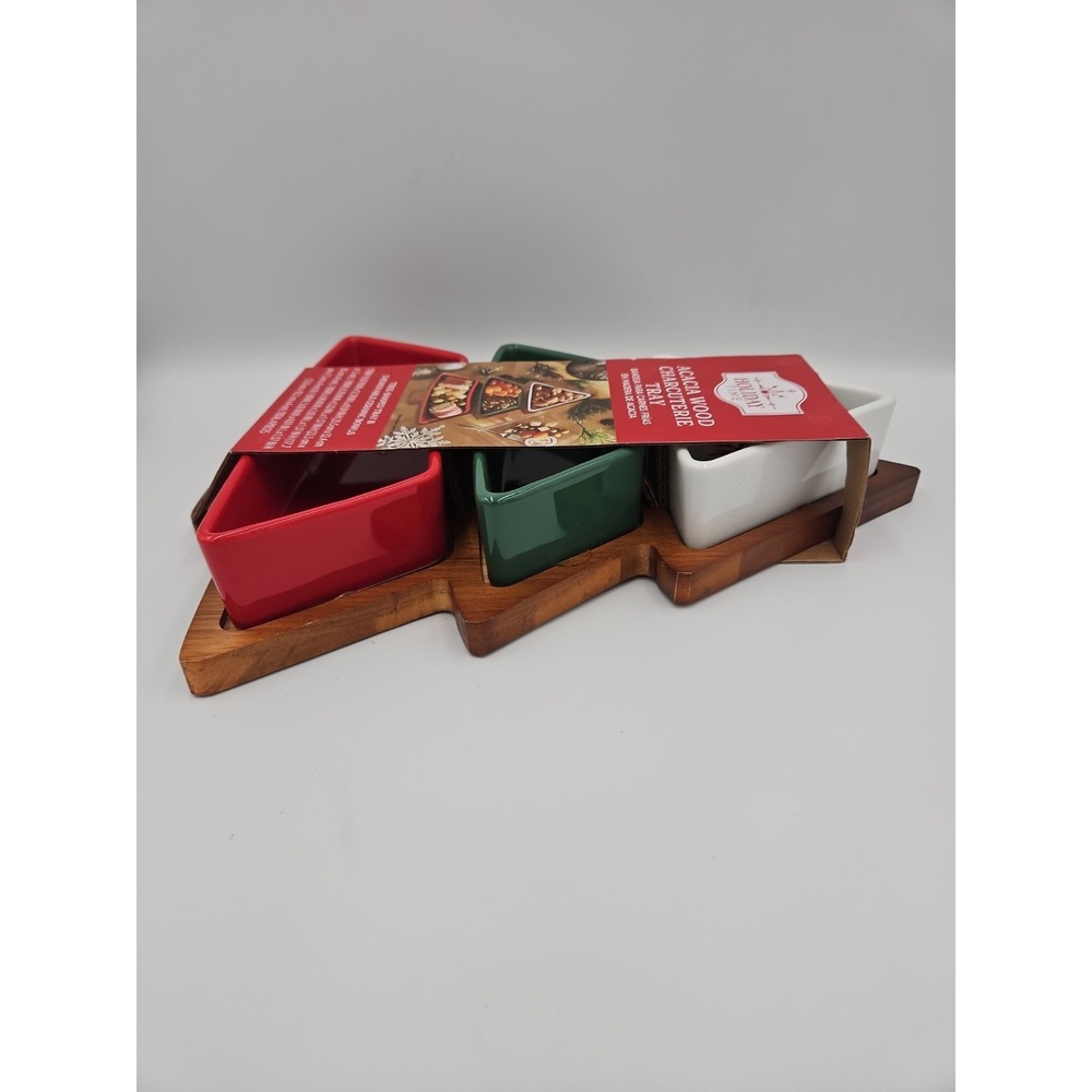 Holiday Time Acacia‎ Wood Christmas Tree Charcuterie Tray with Ceramic Bowls NEW - Picture 3 of 8